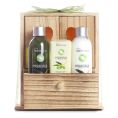 Idc Institute Organica Olive Oil sprchový gel 120 ml + tělové mléko 120 ml + mýdlo 90 g v dřevěné krabičce dárková sada